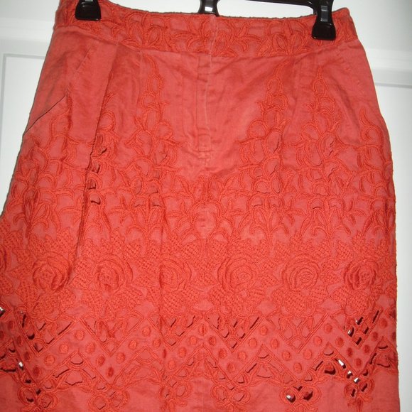 Baraschi Anthropologie Linen Embroidered Boho Orange Straight Mini Skirt - Picture 1 of 8